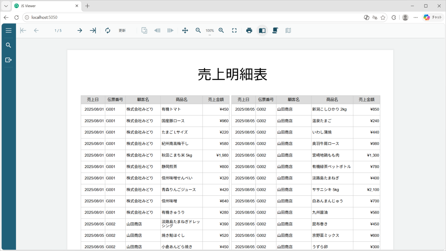 20.0J SP1環境で表示された売上明細表