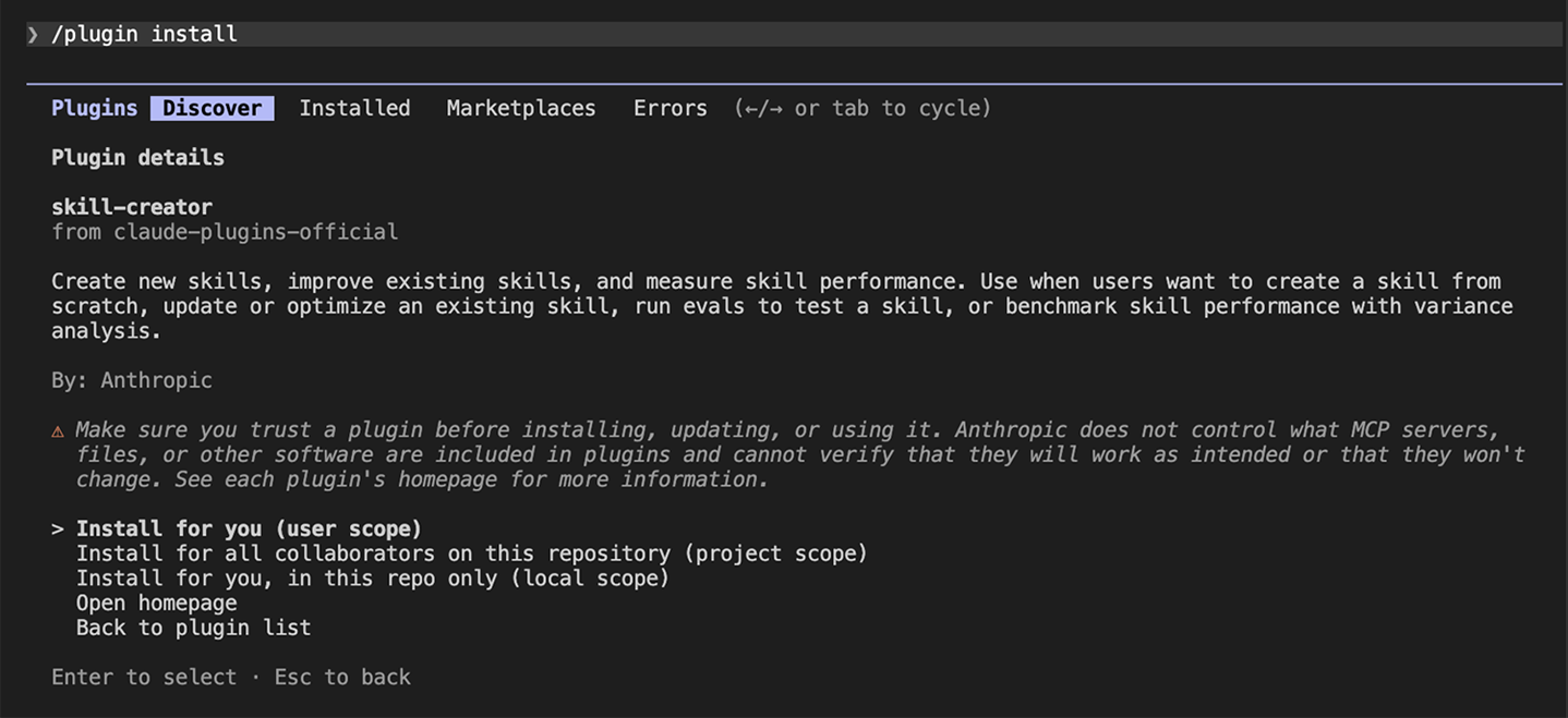 skill-creatorのインストールオプション選択画面（user scope）