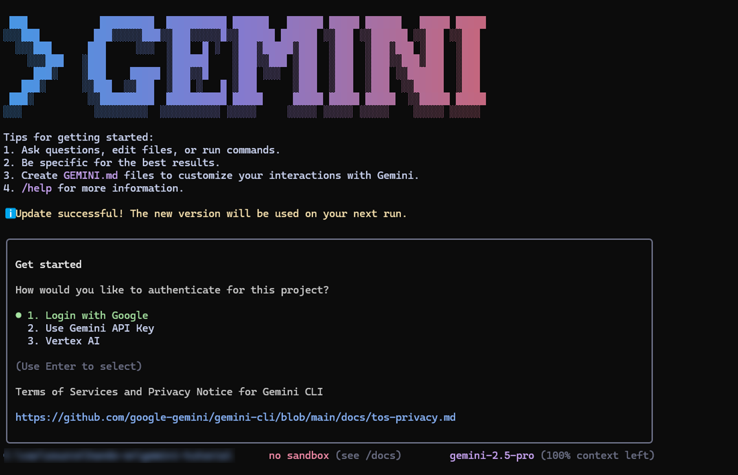 Gemini CLIの認証画面