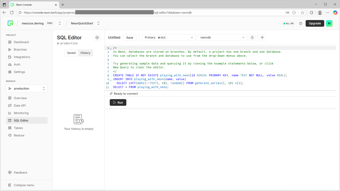SQLエディター画面を表示