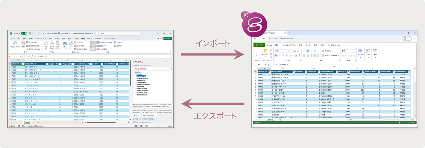 XMLソースを含むExcelファイルのインポート/エクスポート