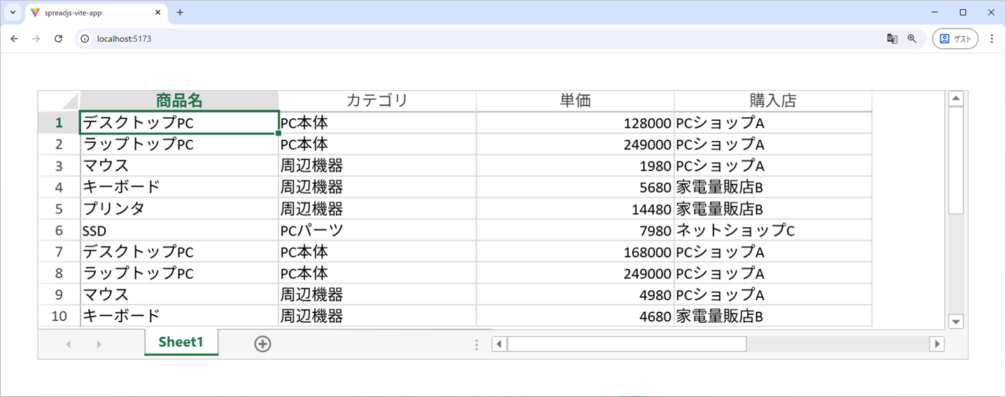 React上に実装されたSpreadJS